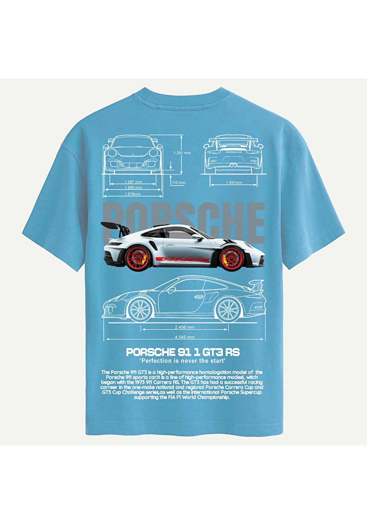 Unisex Bisiklet Yaka %100 Organik Pamuklu Kalın Dokulu Porsche 911 gt3 rs Baskılı Oversize T-shirt - MAVİ