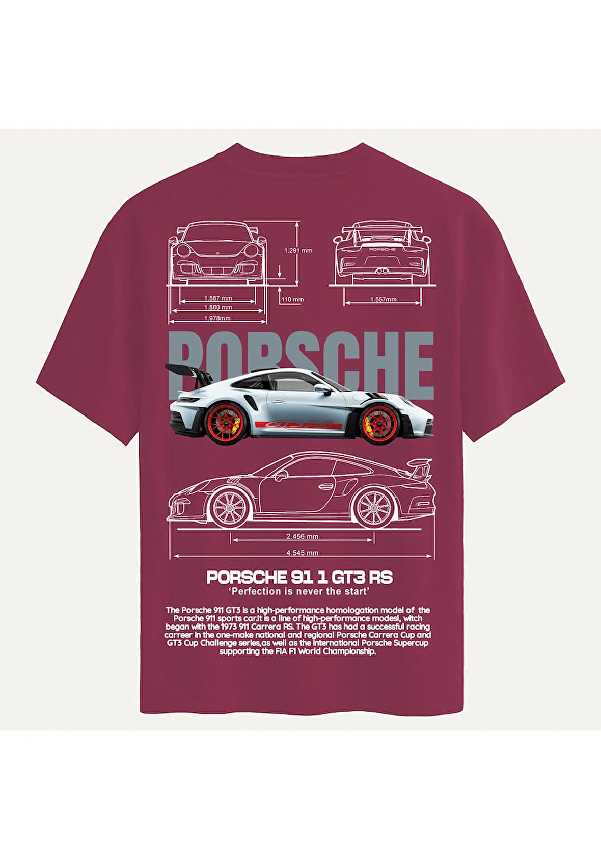 Unisex Bisiklet Yaka %100 Organik Pamuklu Kalın Dokulu Porsche 911 gt3 rs Baskılı Oversize T-shirt - BORDO