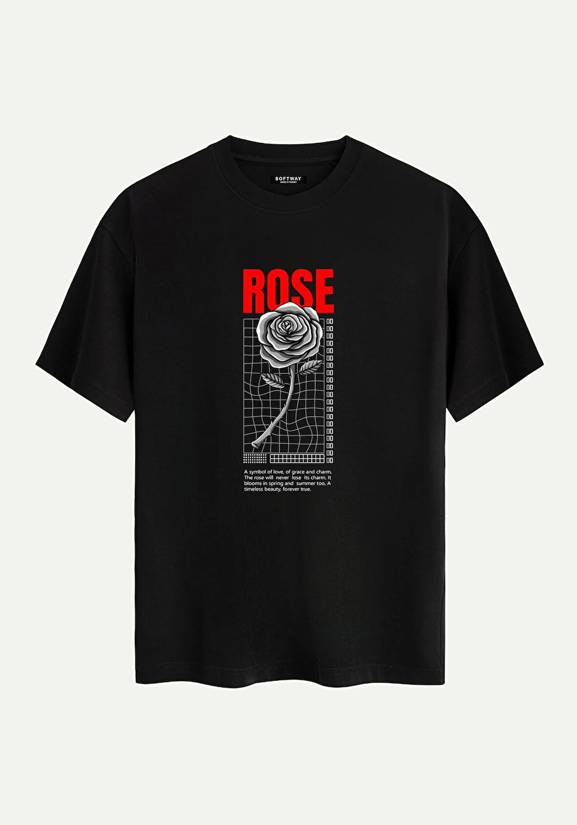 Unisex Bisiklet Yaka %100 Organik Pamuklu Kalın Dokulu Rose Baskılı Oversize T-shirt - SİYAH