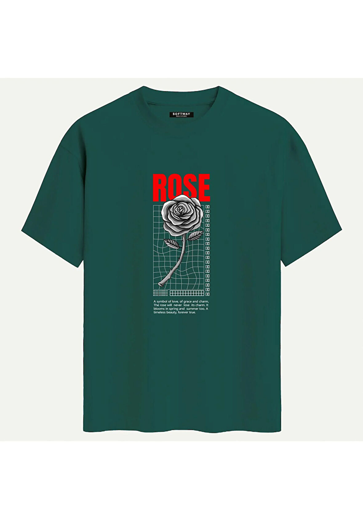Unisex Bisiklet Yaka %100 Organik Pamuklu Kalın Dokulu Rose Baskılı Oversize T-shirt - KOYU YEŞİL