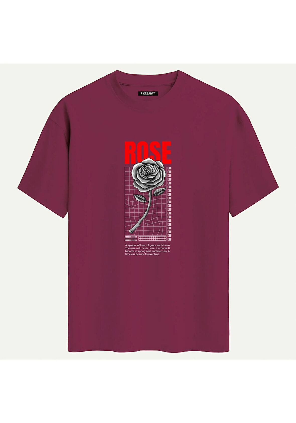 Unisex Bisiklet Yaka %100 Organik Pamuklu Kalın Dokulu Rose Baskılı Oversize T-shirt - BORDO