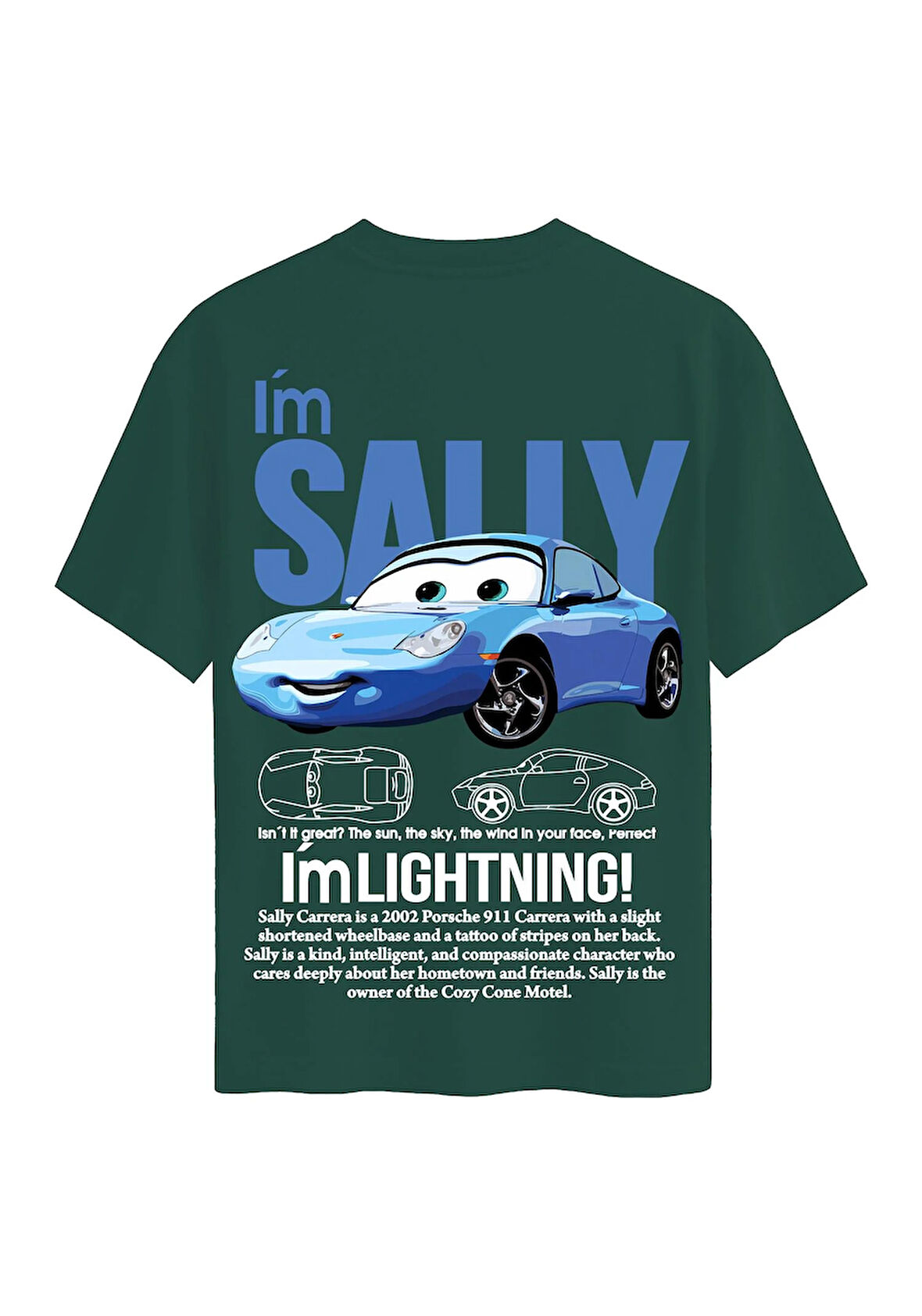 Unisex Bisiklet Yaka %100 Organik Pamuklu Kalın Dokulu Sally Baskılı Oversize T-shirt - KOYU YEŞİL