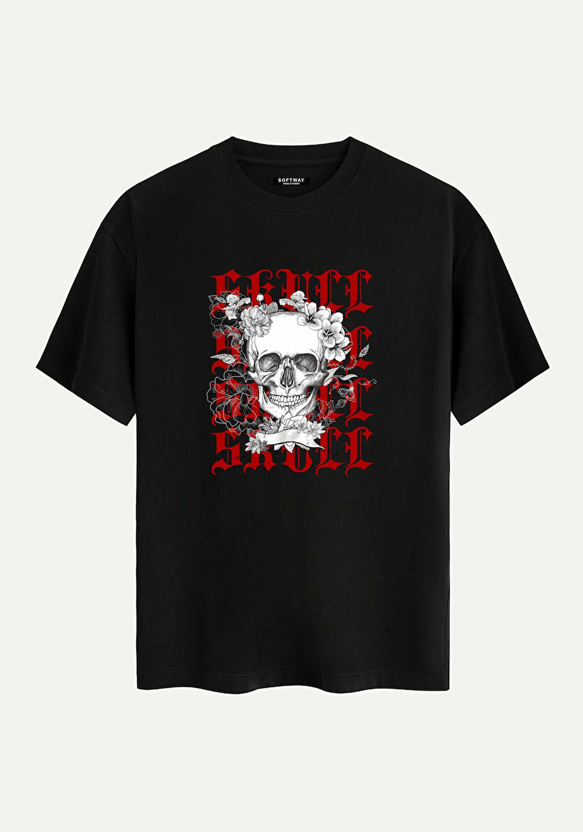 Unisex Bisiklet Yaka %100 Organik Pamuklu Kalın Dokulu Skull Baskılı Oversize T-shirt - SİYAH