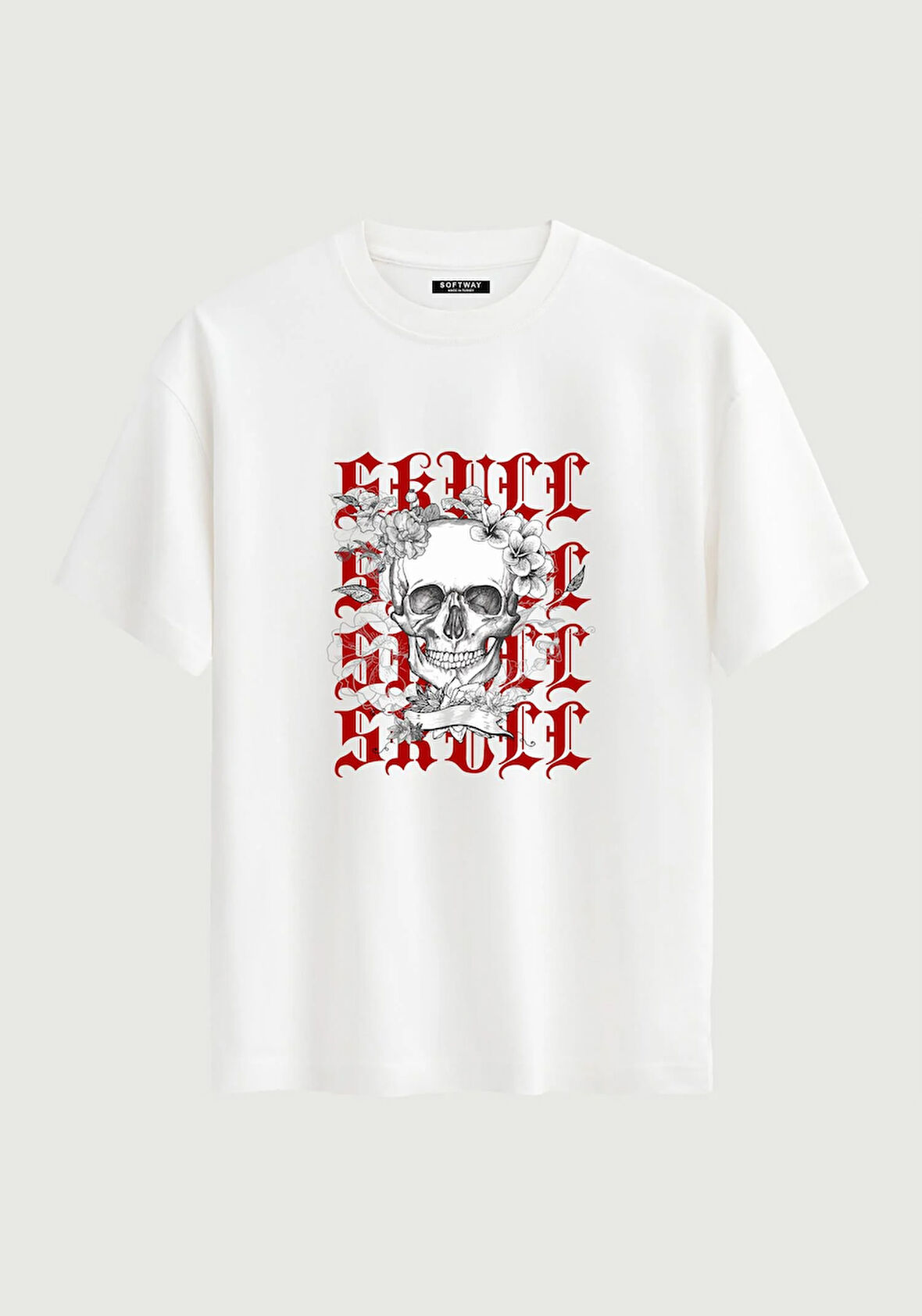 Unisex Bisiklet Yaka %100 Organik Pamuklu Kalın Dokulu Skull Baskılı Oversize T-shirt - BEYAZ