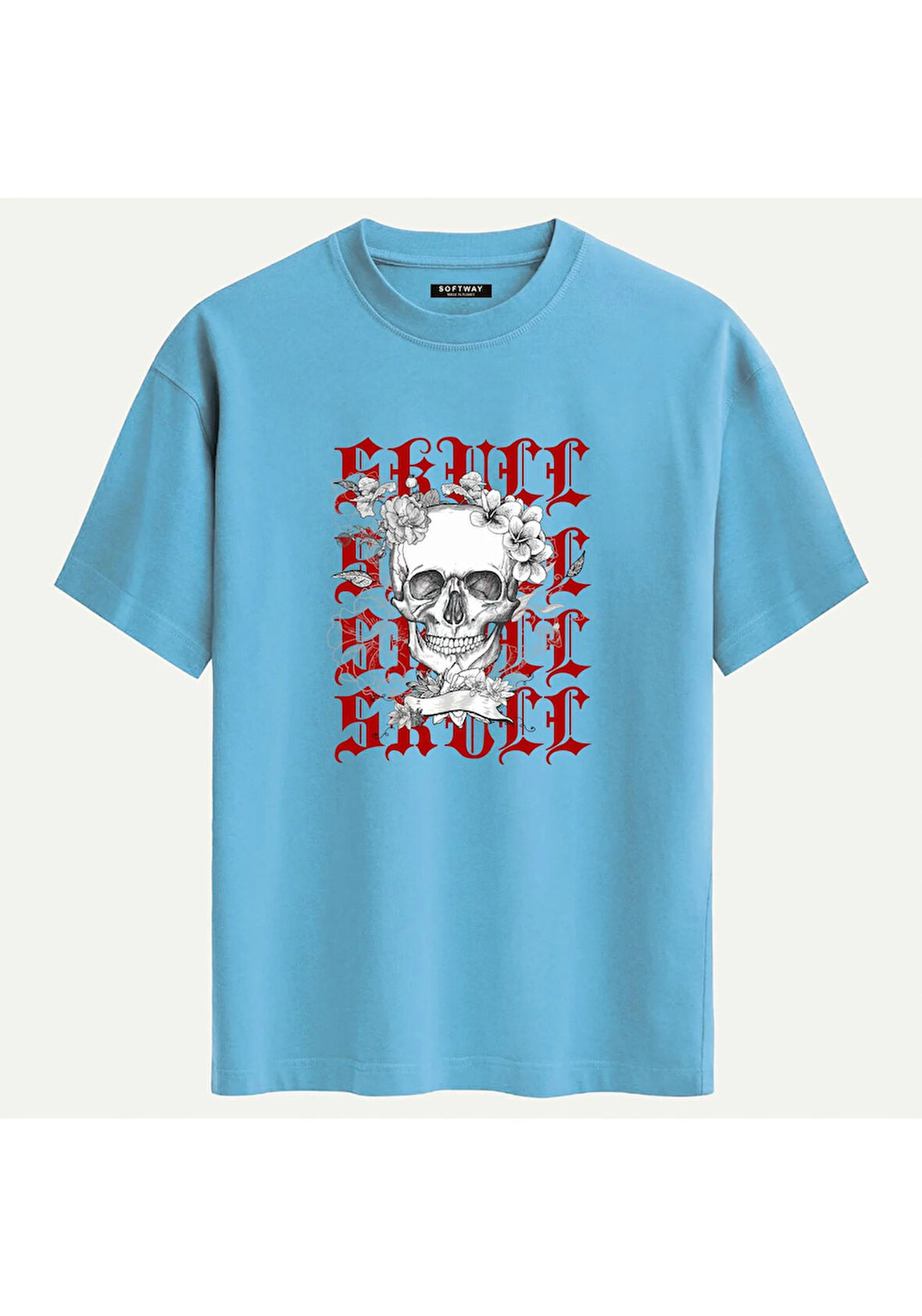 Unisex Bisiklet Yaka %100 Organik Pamuklu Kalın Dokulu Skull Baskılı Oversize T-shirt - MAVİ