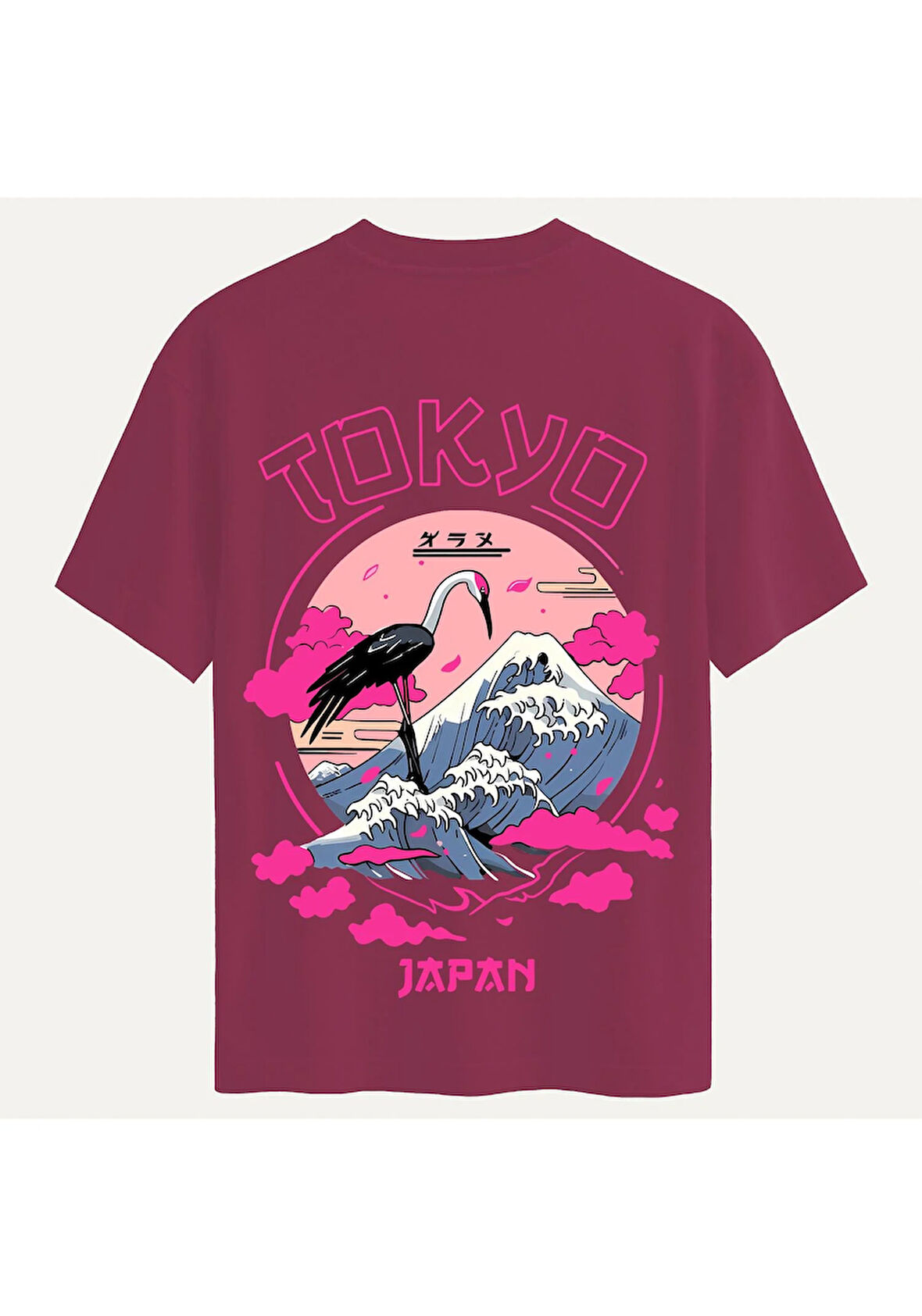Unisex Bisiklet Yaka %100 Organik Pamuklu Kalın Dokulu Tokyo Baskılı Oversize T-shirt - BORDO