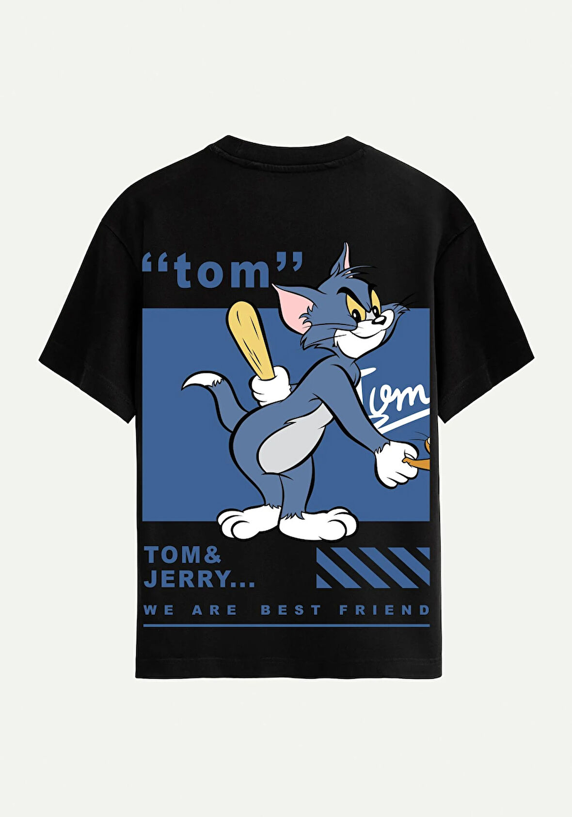 Unisex Bisiklet Yaka %100 Organik Pamuklu Kalın Dokulu Tom Baskılı Oversize T-shirt - SİYAH