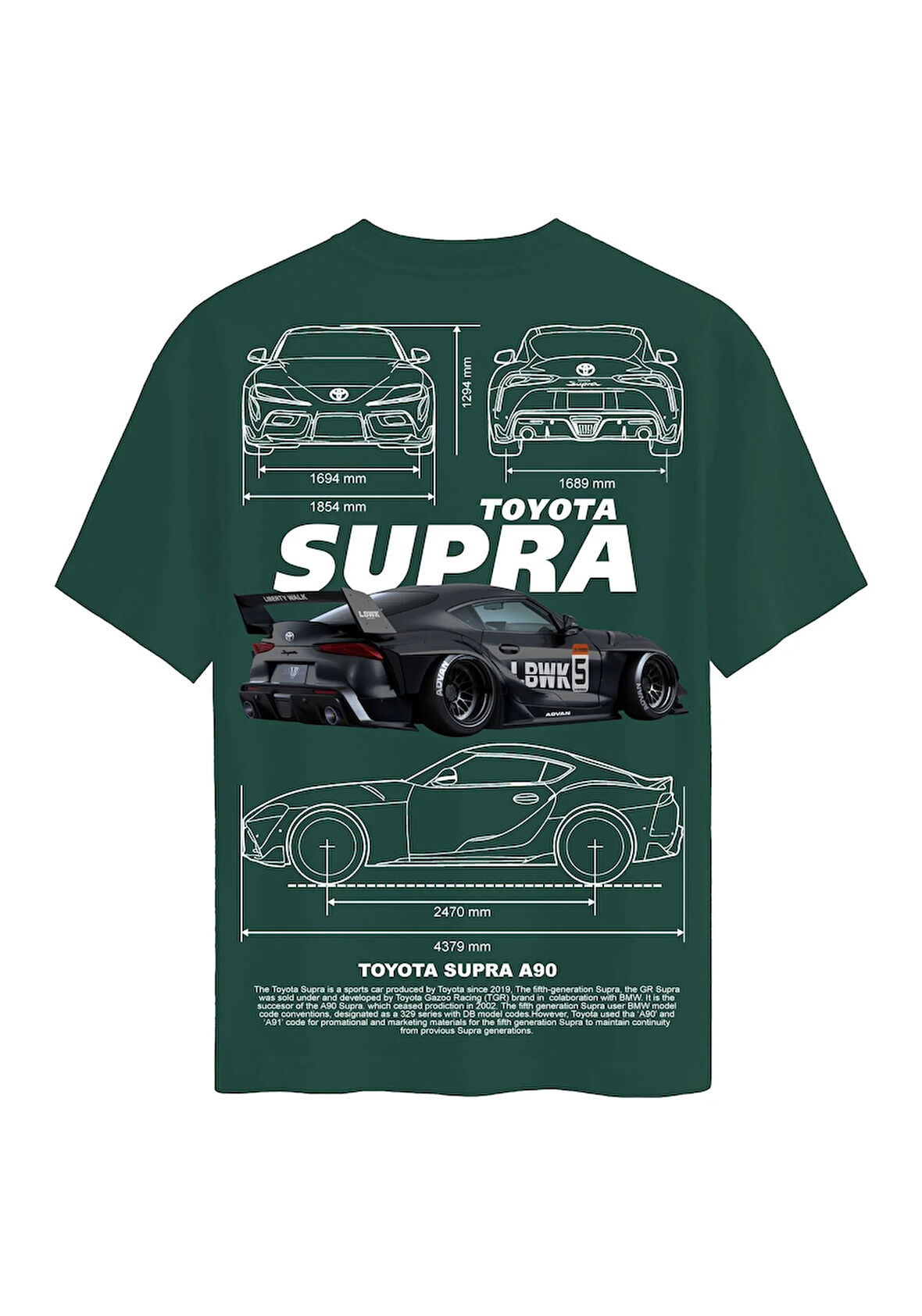 Unisex Bisiklet Yaka %100 Organik Pamuklu Kalın Dokulu Toyota Supra A90 Baskılı Oversize T-shirt - KOYU YEŞİL