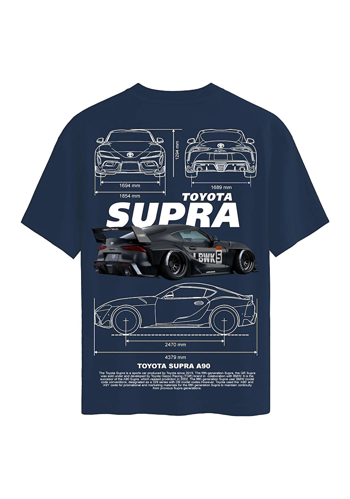 Unisex Bisiklet Yaka %100 Organik Pamuklu Kalın Dokulu Toyota Supra A90 Baskılı Oversize T-shirt - LACİVERT