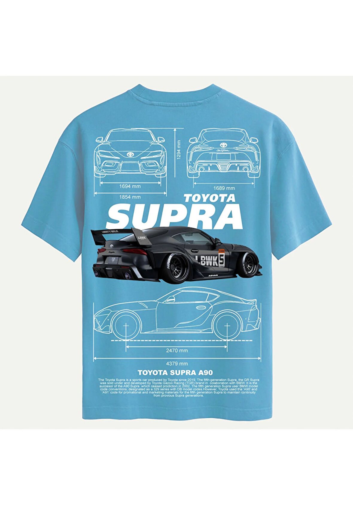 Unisex Bisiklet Yaka %100 Organik Pamuklu Kalın Dokulu Toyota Supra A90 Baskılı Oversize T-shirt - MAVİ