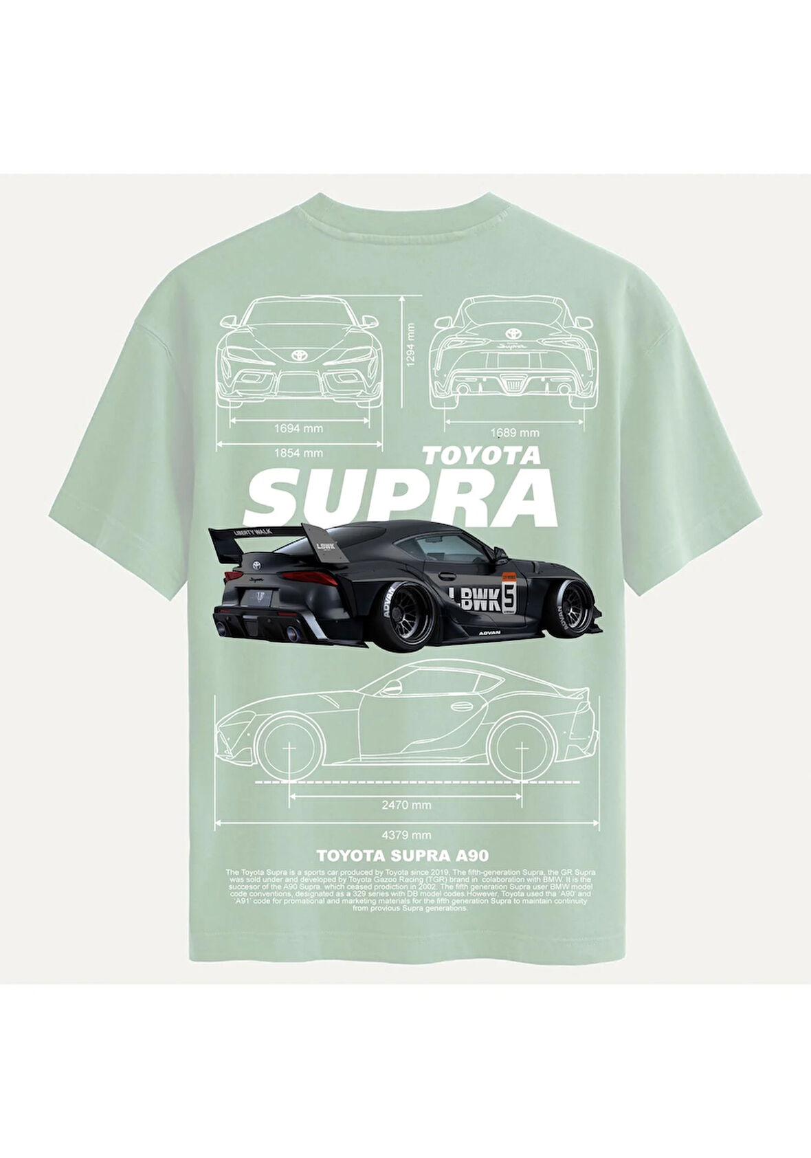 Unisex Bisiklet Yaka %100 Organik Pamuklu Kalın Dokulu Toyota Supra A90 Baskılı Oversize T-shirt - BEJ