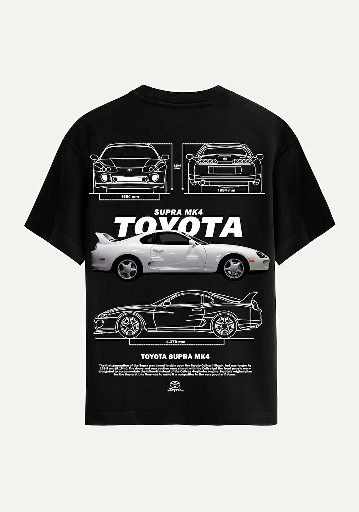 Unisex Bisiklet Yaka %100 Organik Pamuklu Kalın Dokulu Toyota Supra mk4 Baskılı Oversize T-shirt - SİYAH