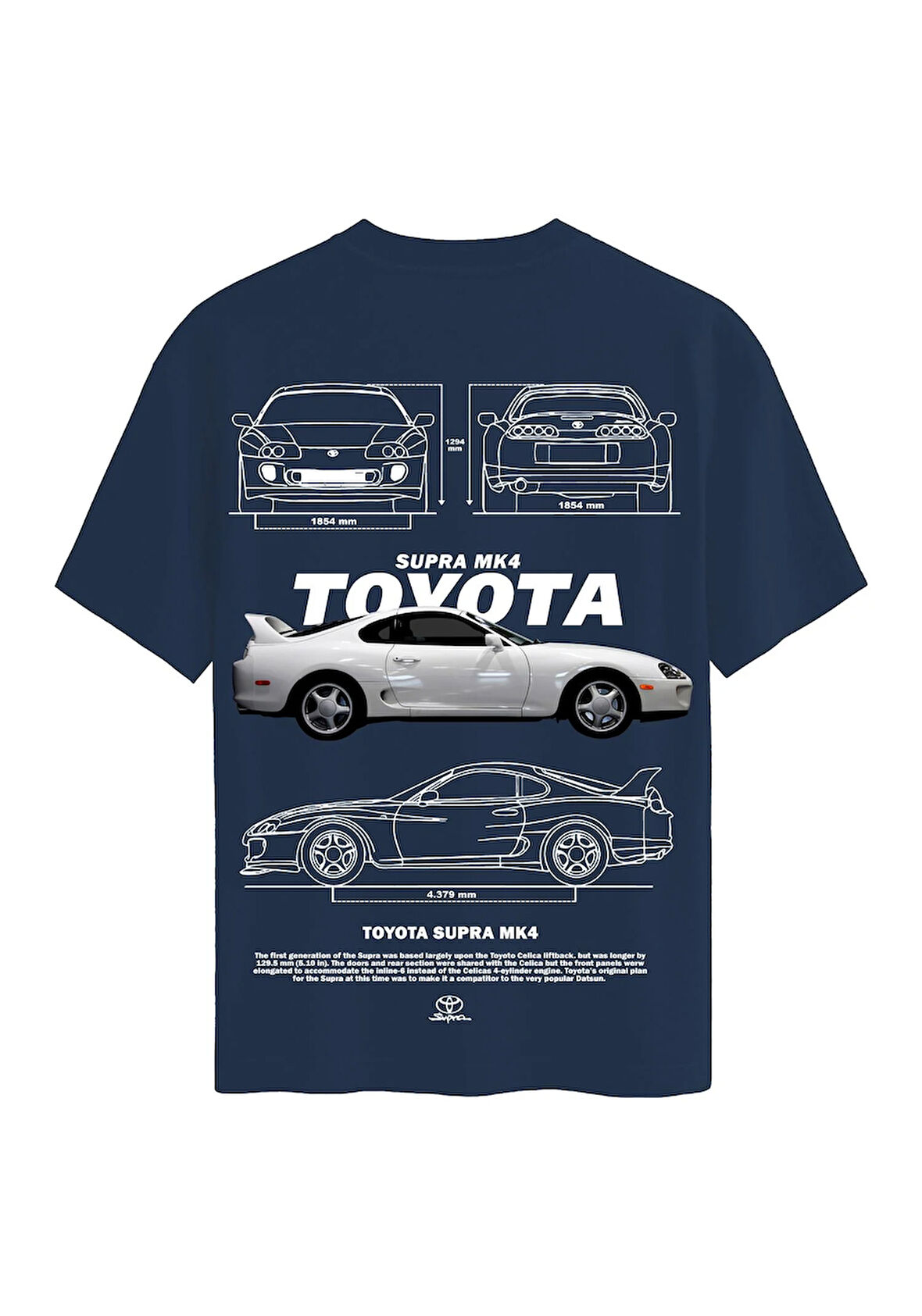 Unisex Bisiklet Yaka %100 Organik Pamuklu Kalın Dokulu Toyota Supra mk4 Baskılı Oversize T-shirt - LACİVERT