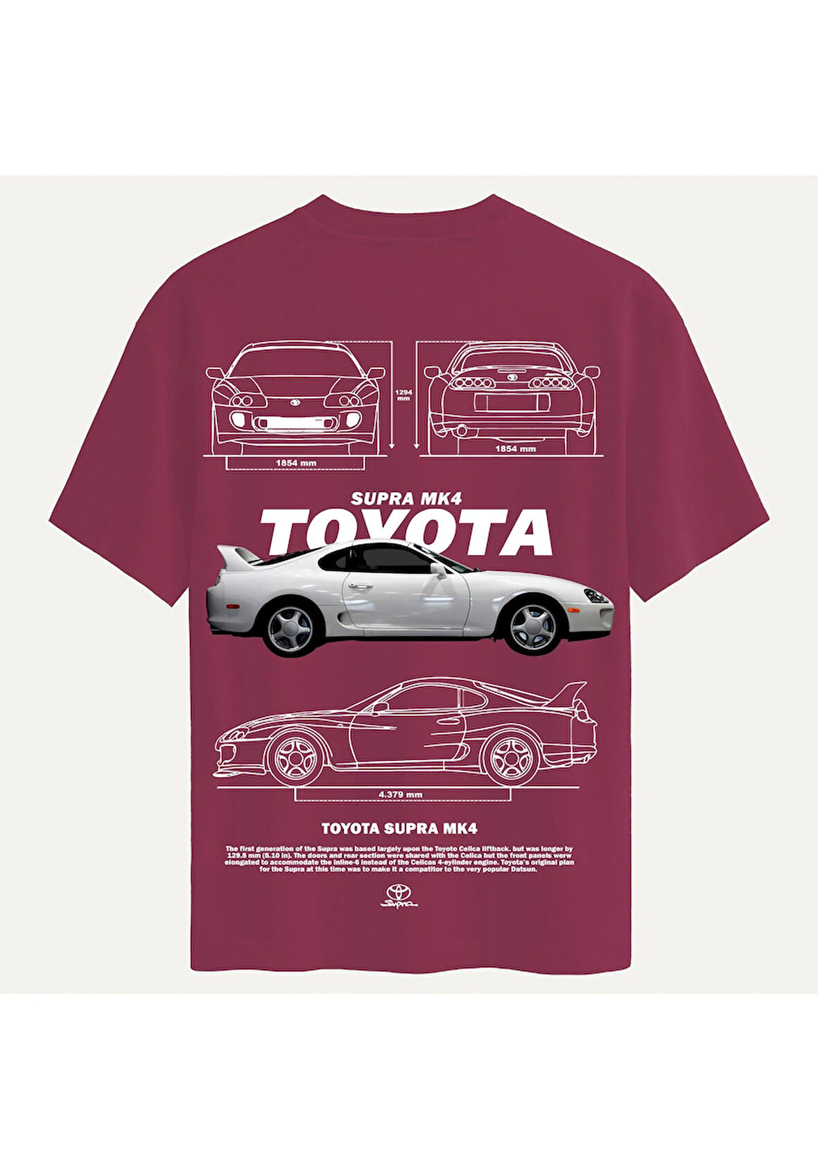 Unisex Bisiklet Yaka %100 Organik Pamuklu Kalın Dokulu Toyota Supra mk4 Baskılı Oversize T-shirt - BORDO