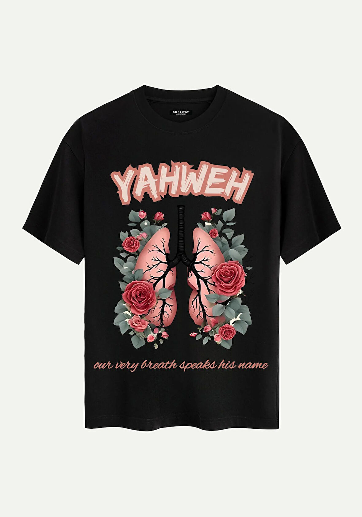 Unisex Bisiklet Yaka %100 Organik Pamuklu Kalın Dokulu YAHWEH Baskılı Oversize T-shirt - SİYAH