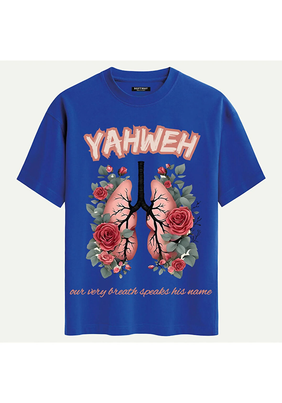 Unisex Bisiklet Yaka %100 Organik Pamuklu Kalın Dokulu YAHWEH Baskılı Oversize T-shirt - SAKS MAVİSİ