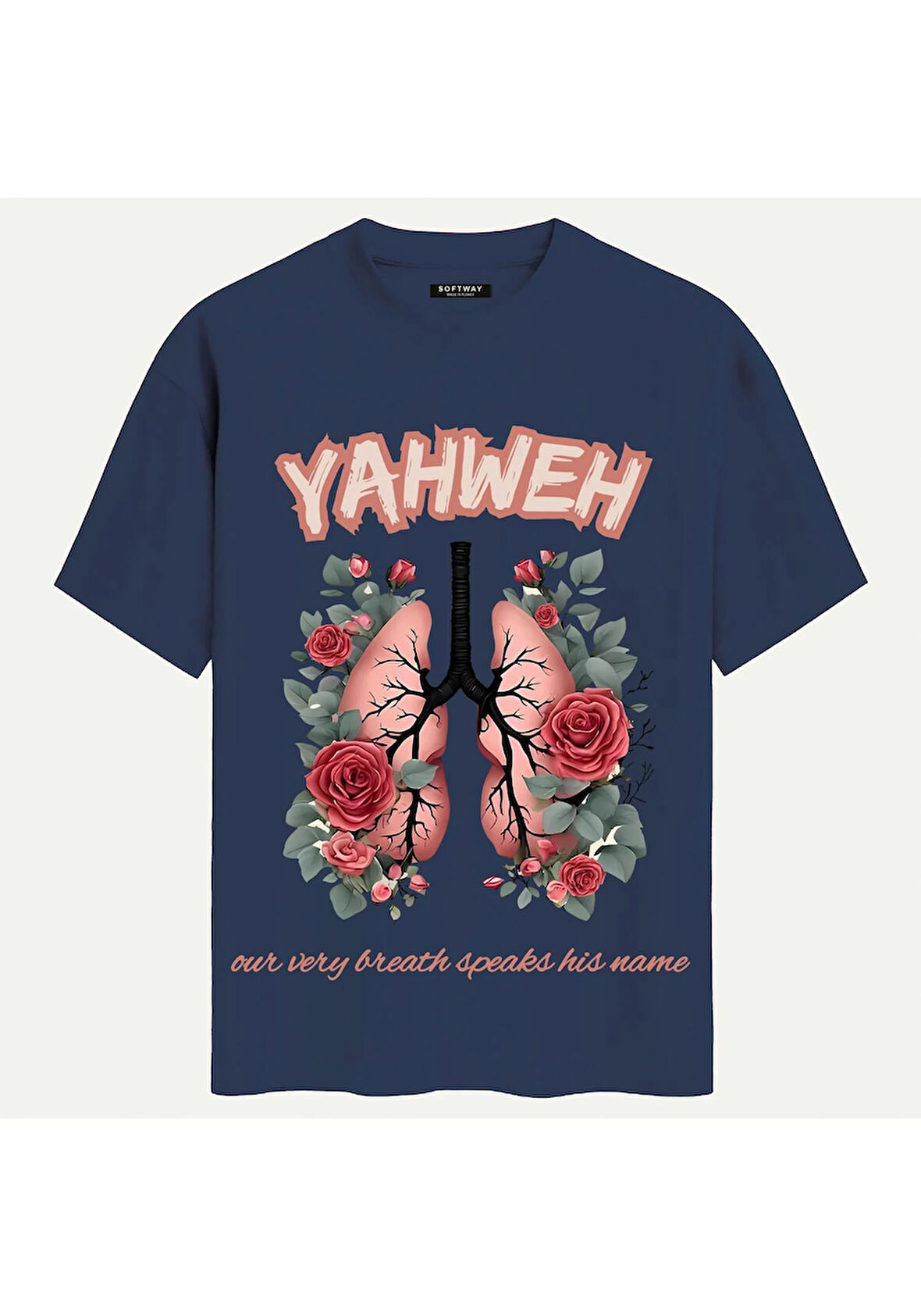 Unisex Bisiklet Yaka %100 Organik Pamuklu Kalın Dokulu YAHWEH Baskılı Oversize T-shirt - LACİVERT