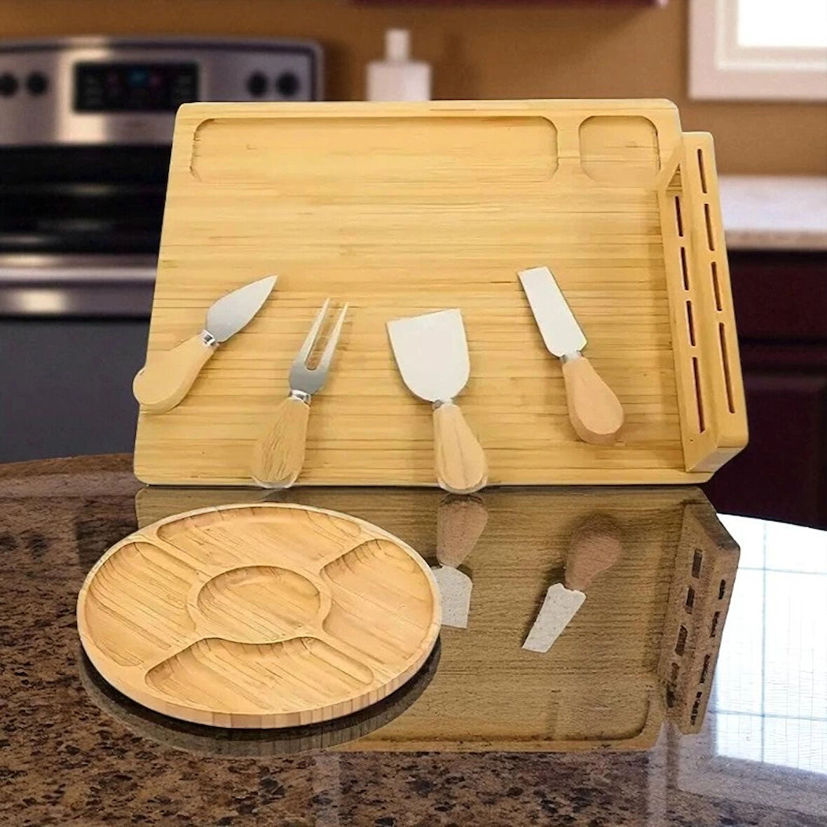 Doğal Bambu Bıçaklı Peynir Servis Sunum Seti 6 Parça