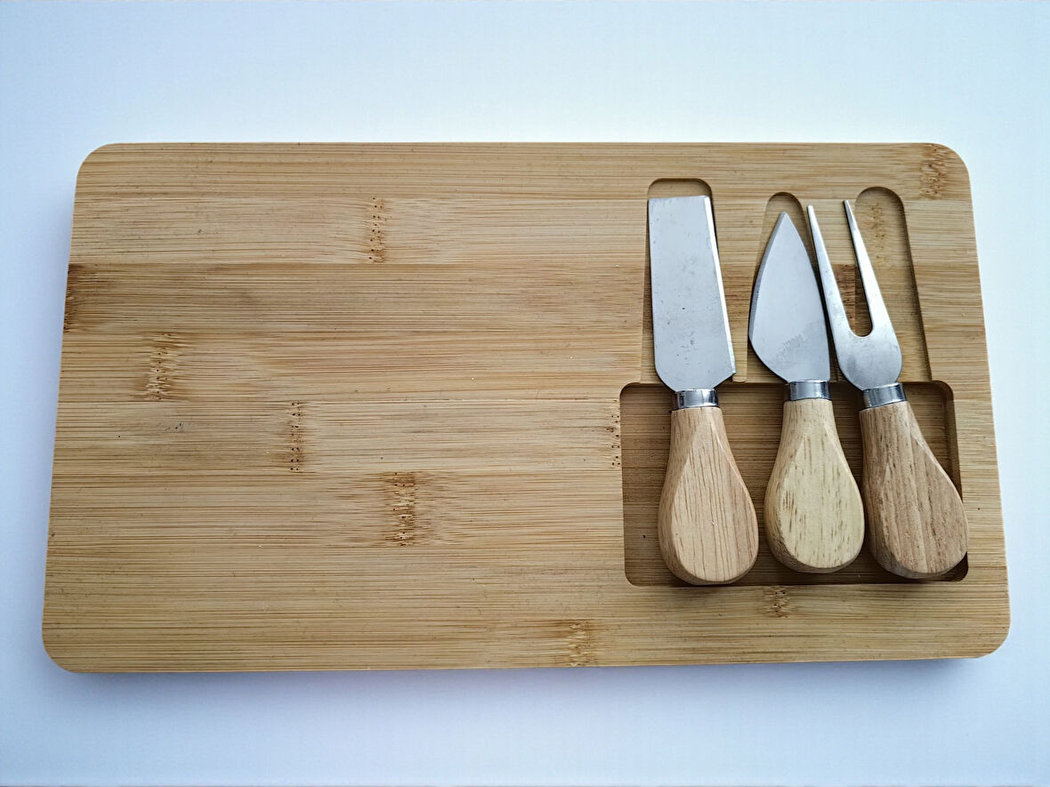 Doğal Bambu Bıçaklı Peynir Servis Sunum Tabağı Kahvaltı Sunum Tahtası Seti 4 Parça 30x17 Cm