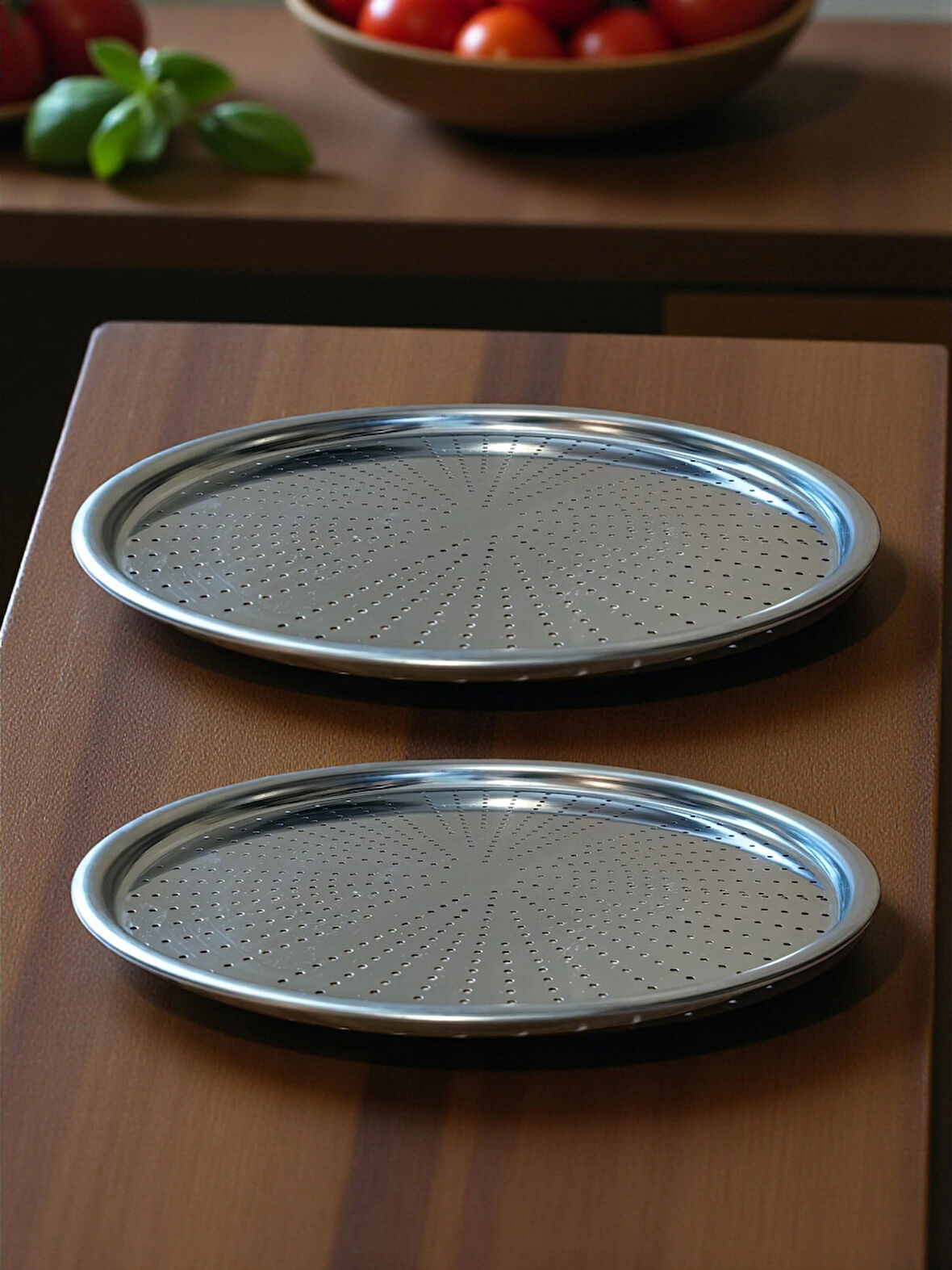 Paslanmaz Çelik Delikli Pizza Fırın Tepsisi Lahmacun Fırın Tepsisi 2'li Set 32 36 Cm