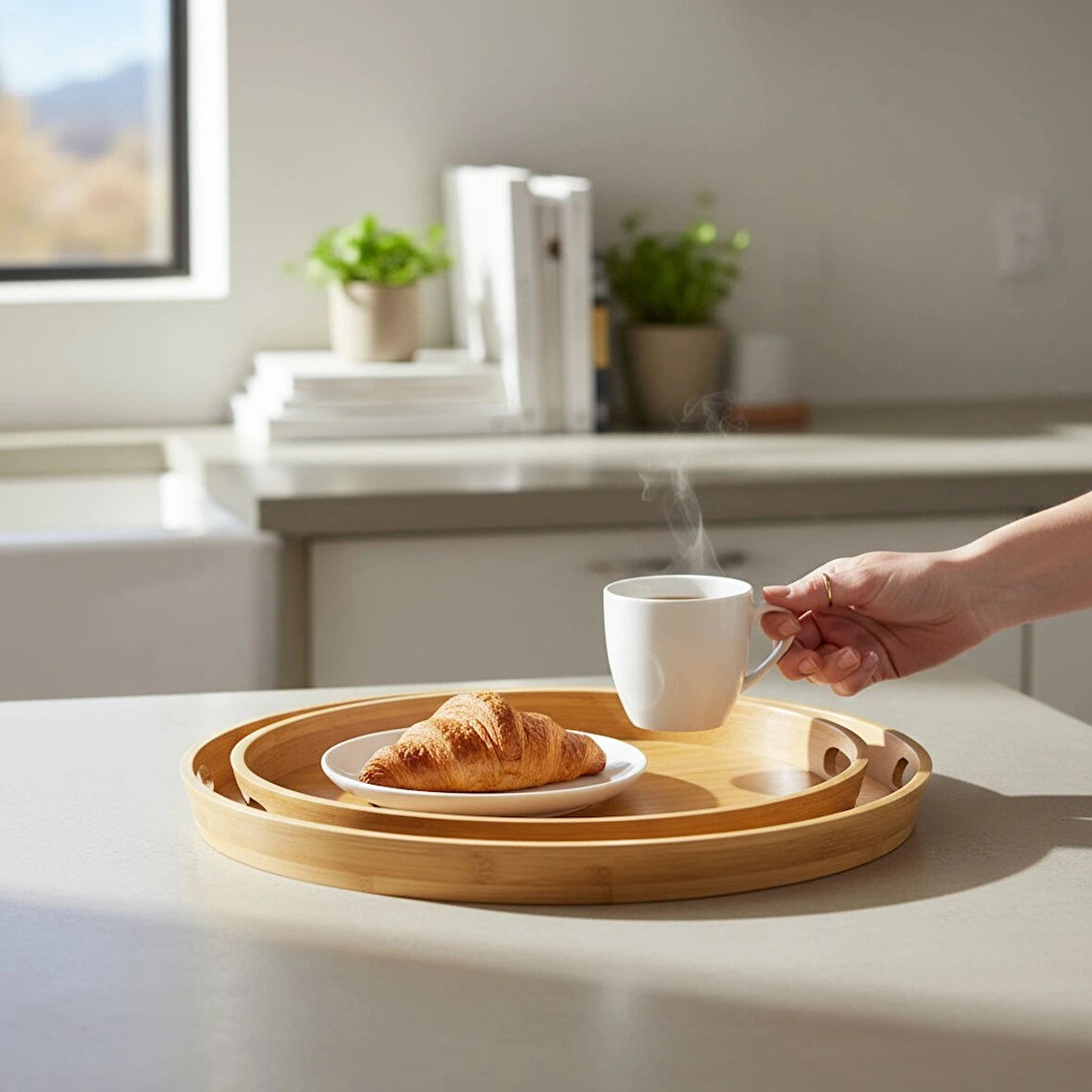 MyBru Yuvarlak Bambu Tepsi 2'li Set