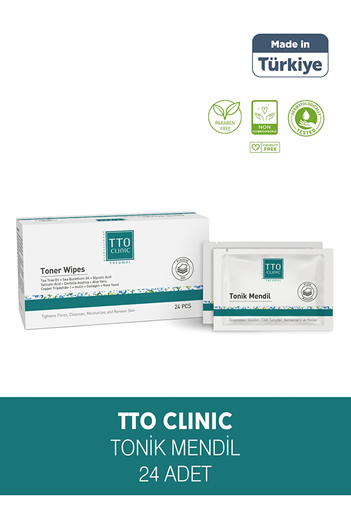 TTO CLINIC Tonik Mendil Pratik Kullanım Çay Ağacı Yağ Yabani İğde Yağ Aloe Vera