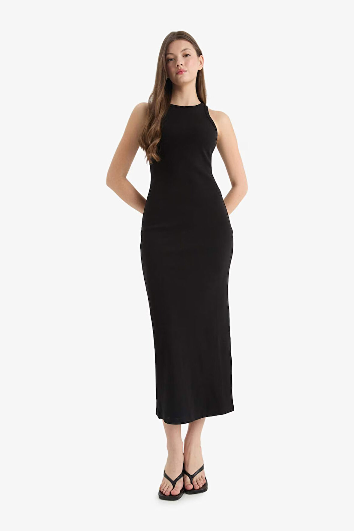 Bodycon Vücudu Saran Halter Yaka Fitilli Kaşkorse Kolsuz Maxi Siyah Elbise