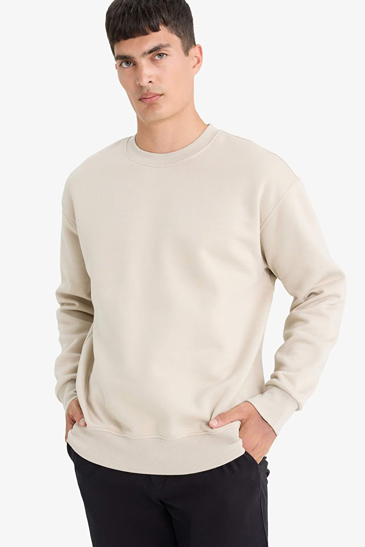 Relax Fit Bisiklet Yaka Kalın Basic Düz Sweatshirt