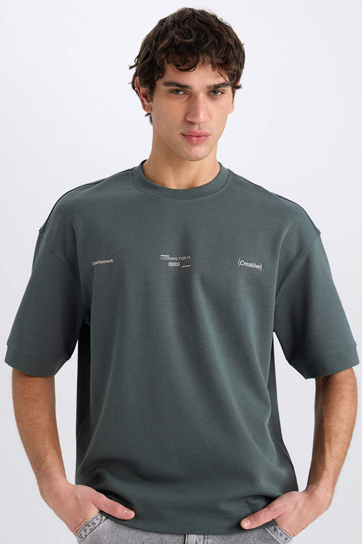 Loose Fit Bisiklet Yaka Baskılı Kısa Kollu Ağır Kumaş Tişört