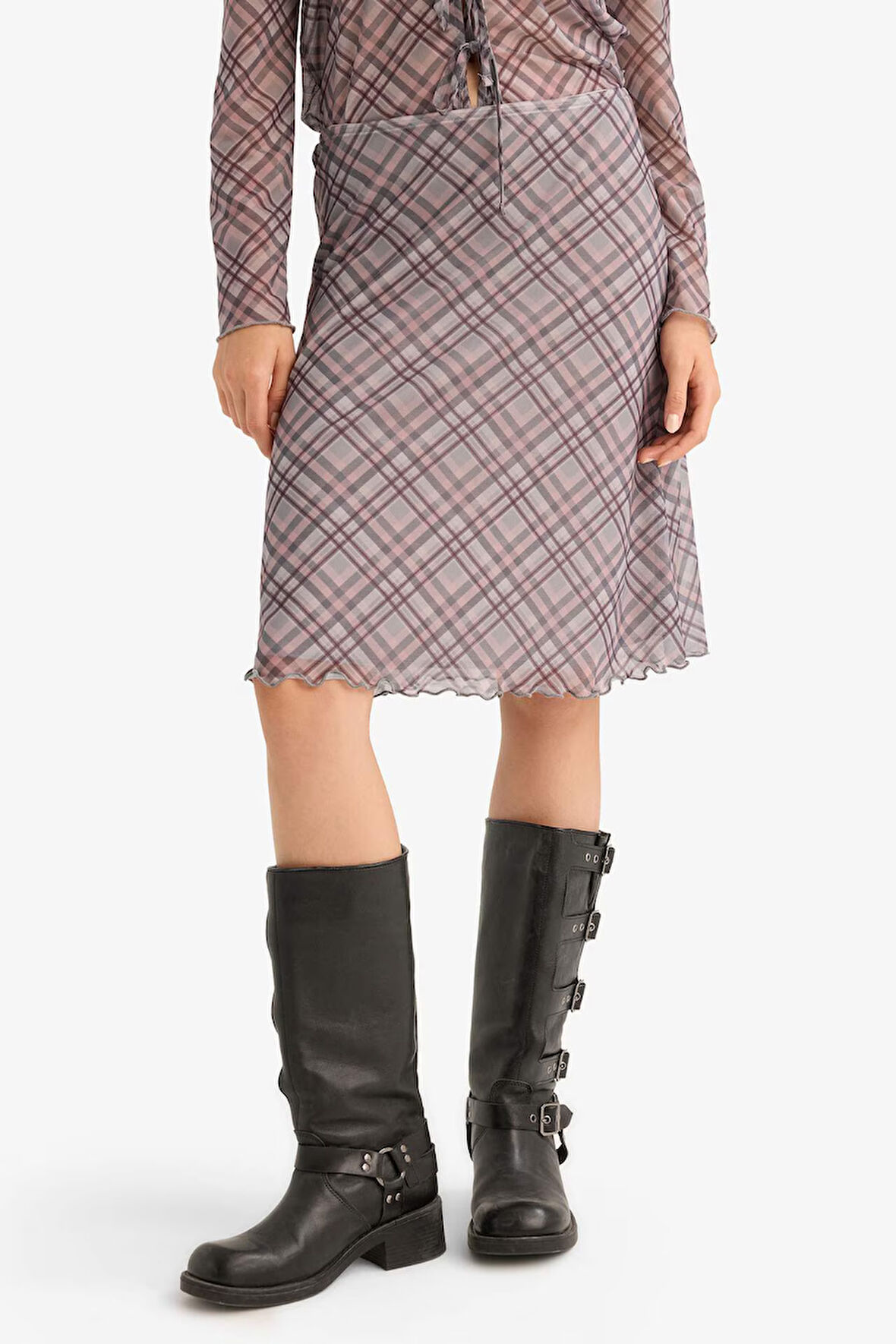 A Form Kareli Normal Bel Tül Midi Etek