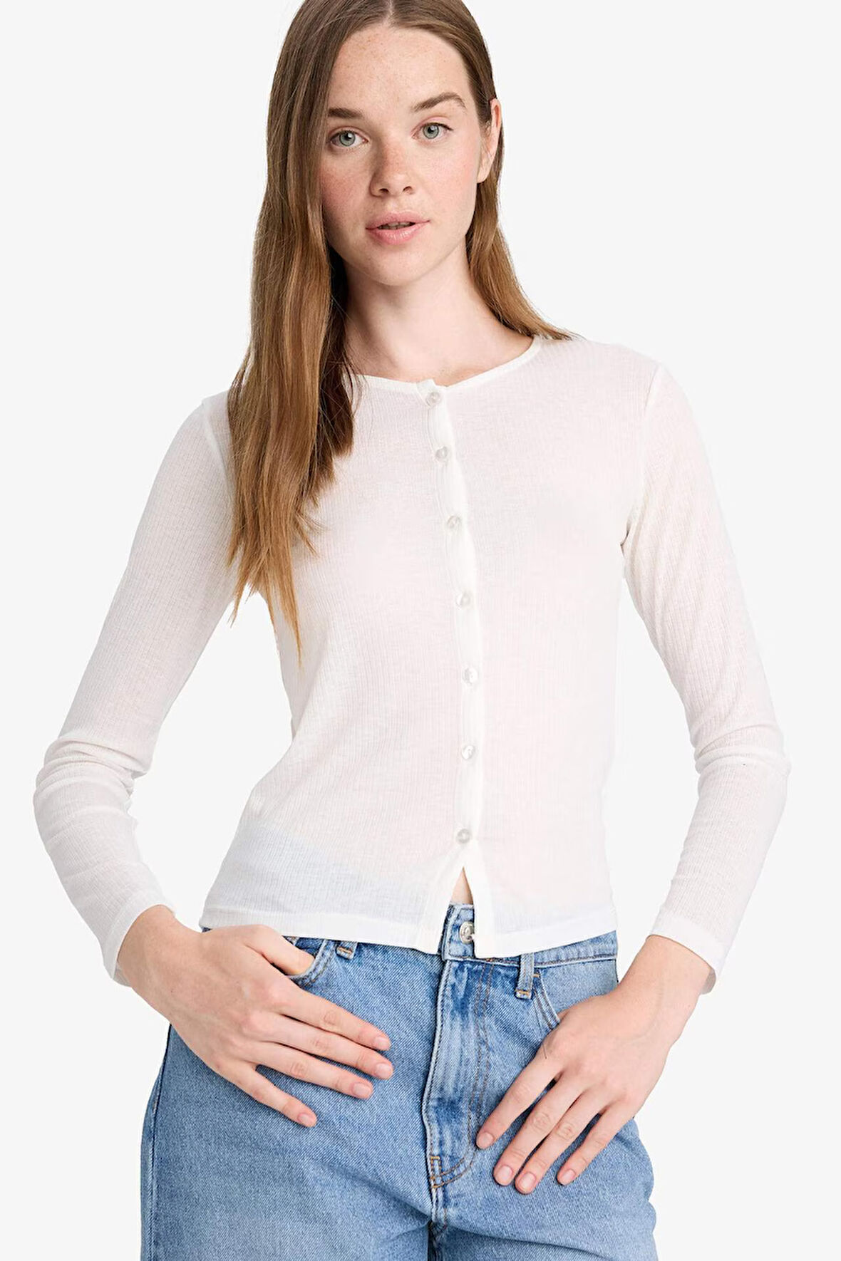 Slim Fit Dar Kesim Bisiklet Yaka Uzun Kollu Tişört