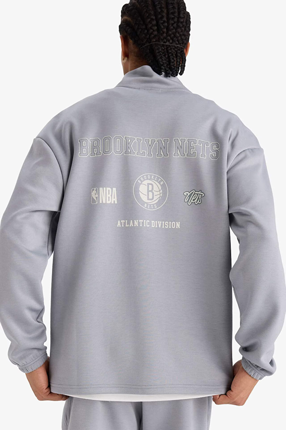 DeFactoFit NBA Brooklyn Nets Boxy Fit Dik Yaka Fermuarlı Sırt Baskılı Skuba Dalgıç Kumaş Sweatshirt 