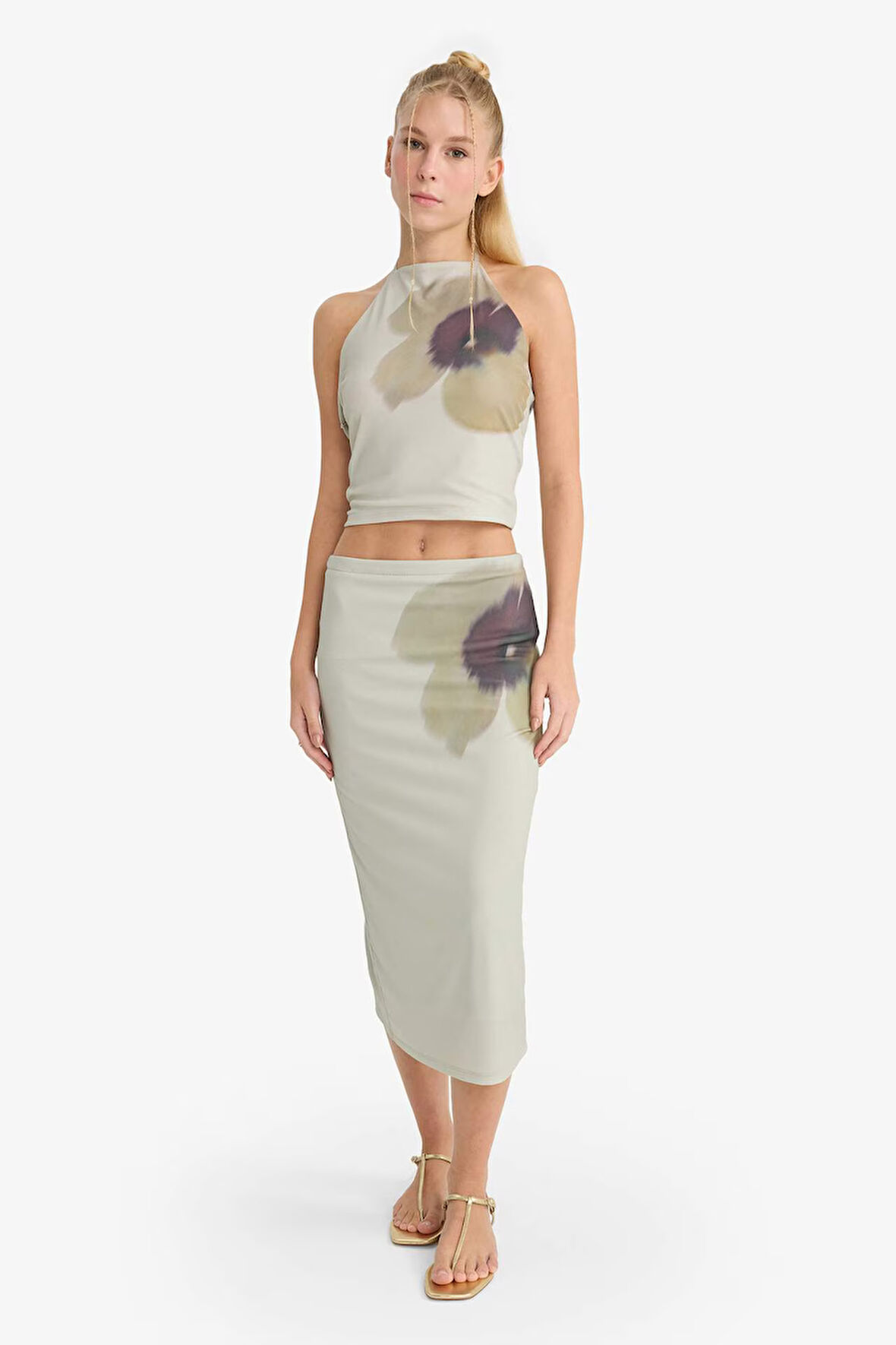 Coool Normal Bel Çiçek Desenli Tül Midi Kalem Etek 