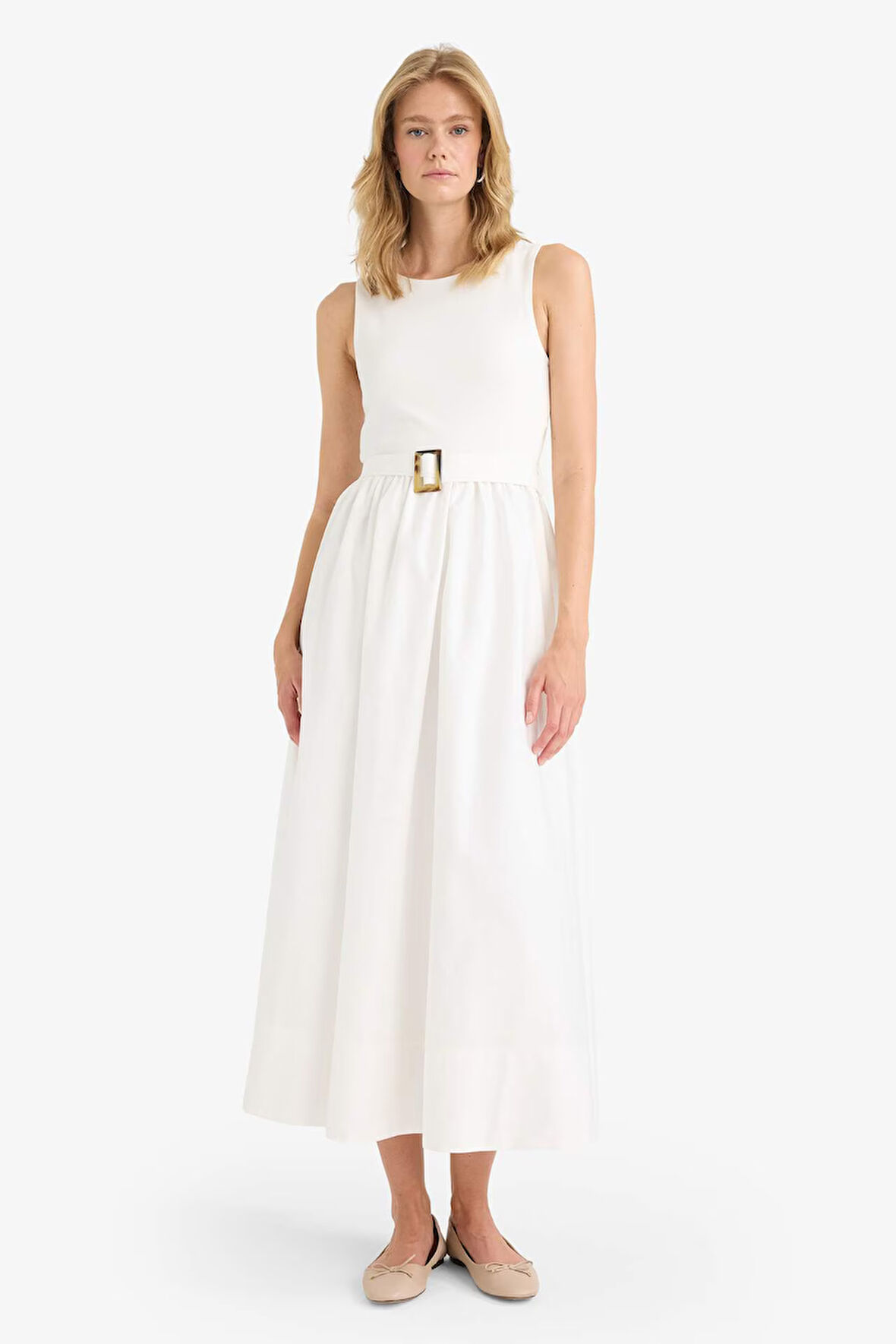 Bisiklet Yaka Poplin Kolsuz Maxi Elbise