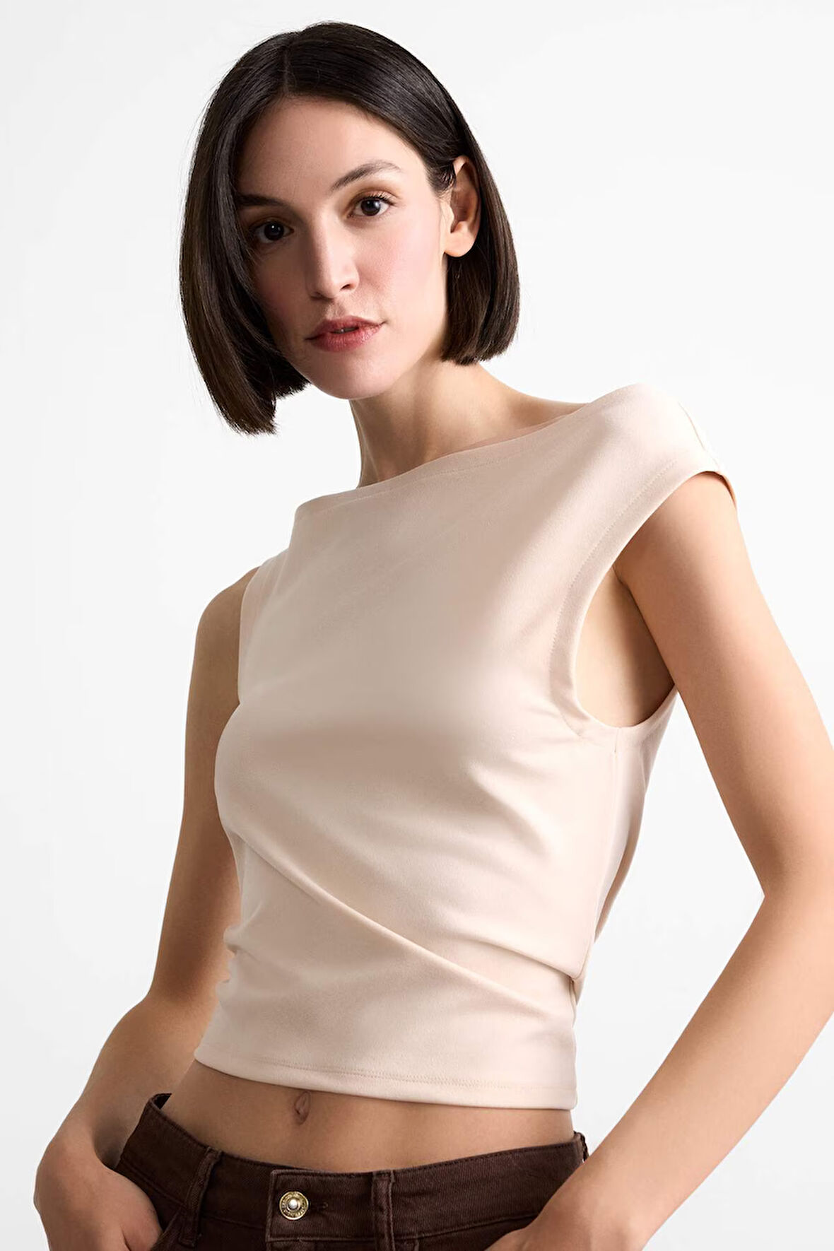 DeFacto Kayık Yaka Crop Basic Düz Kolsuz Bluz F7489AX25SMER37