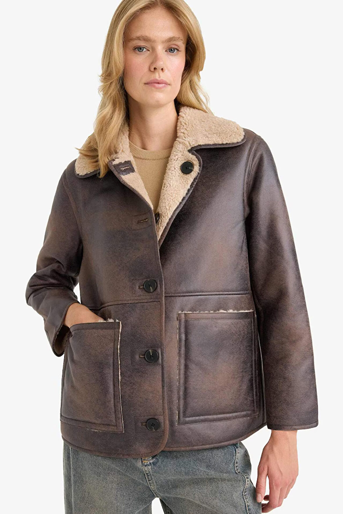 Çift Taraflı Regular Fit Polo Yaka Suni Kürk Astarlı Mont