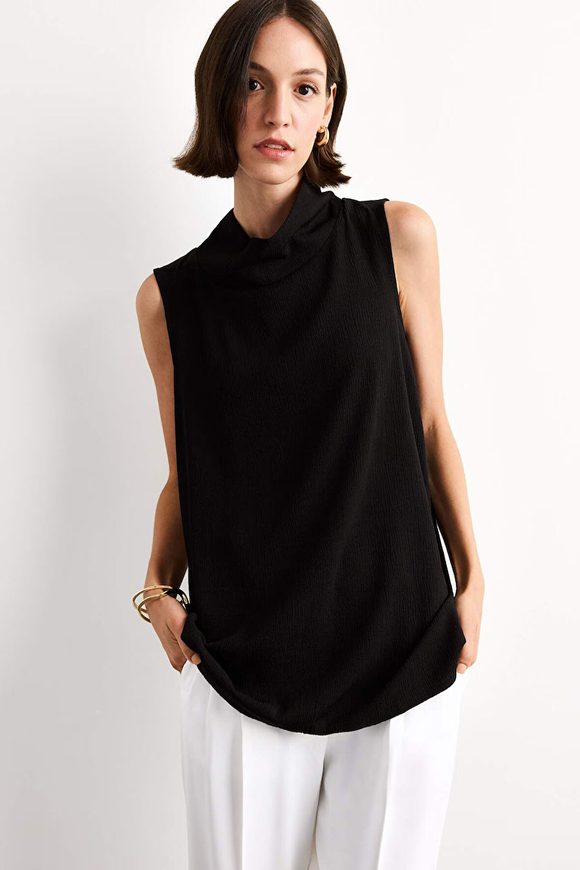 Relax Fit Balıkçı Yaka Twill Kolsuz Bluz