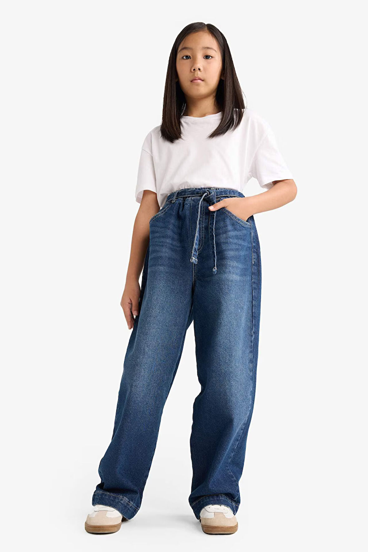 Kız Çocuk Wide Baggy Fit Beli Lastikli Jean Pantolon