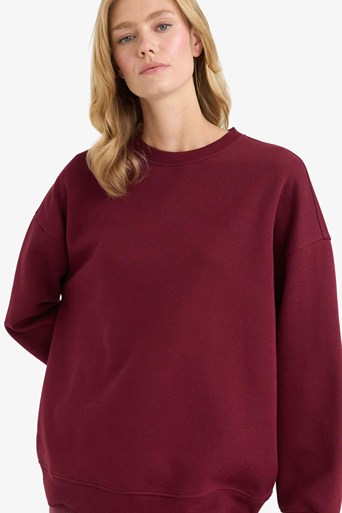 Oversize Geniş Kalıp Bisiklet Yaka Basic Düz Kalın Sweatshirt