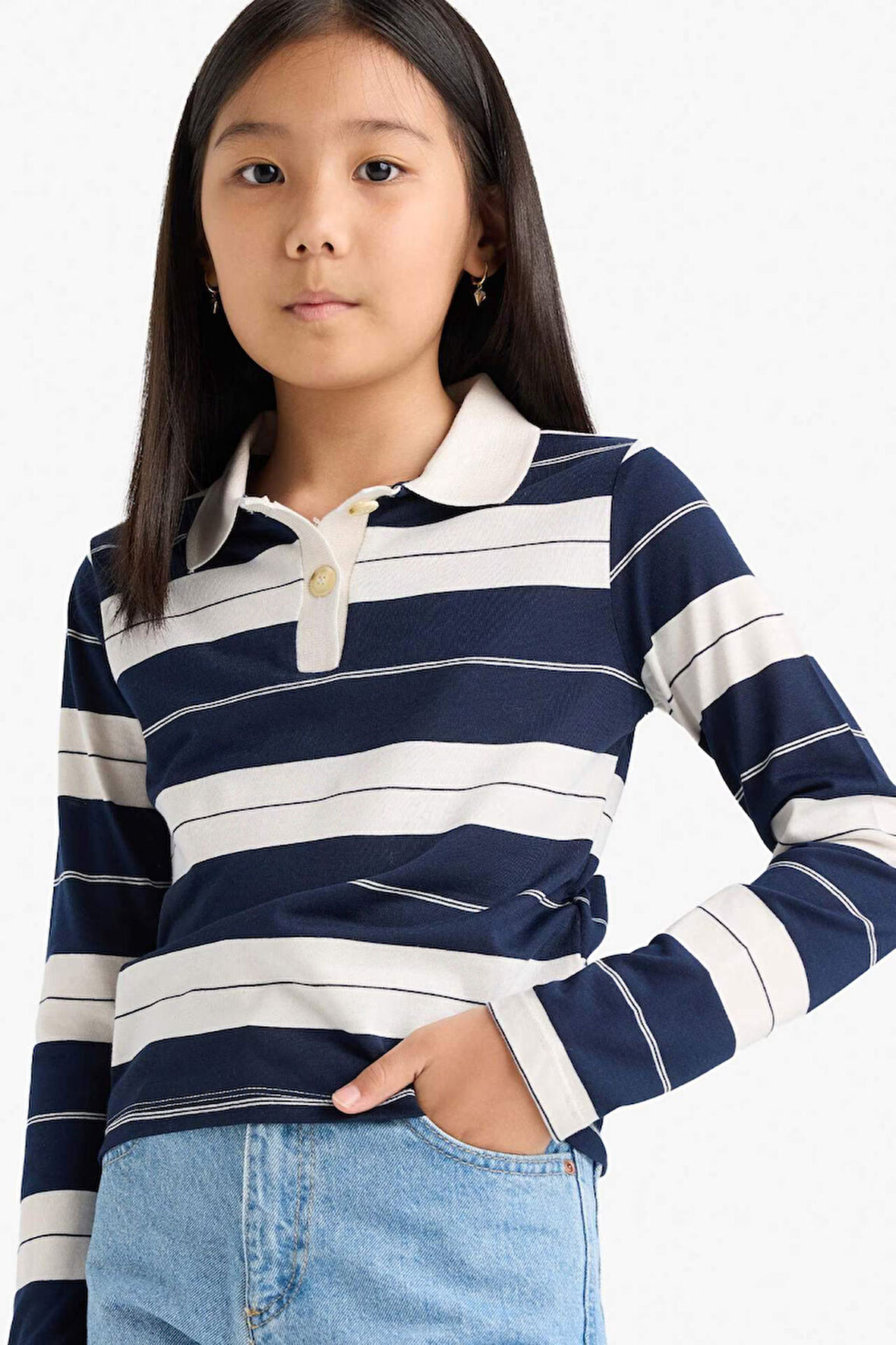 Kız Çocuk Fitted Polo Yaka Çizgili Uzun Kollu Tişört