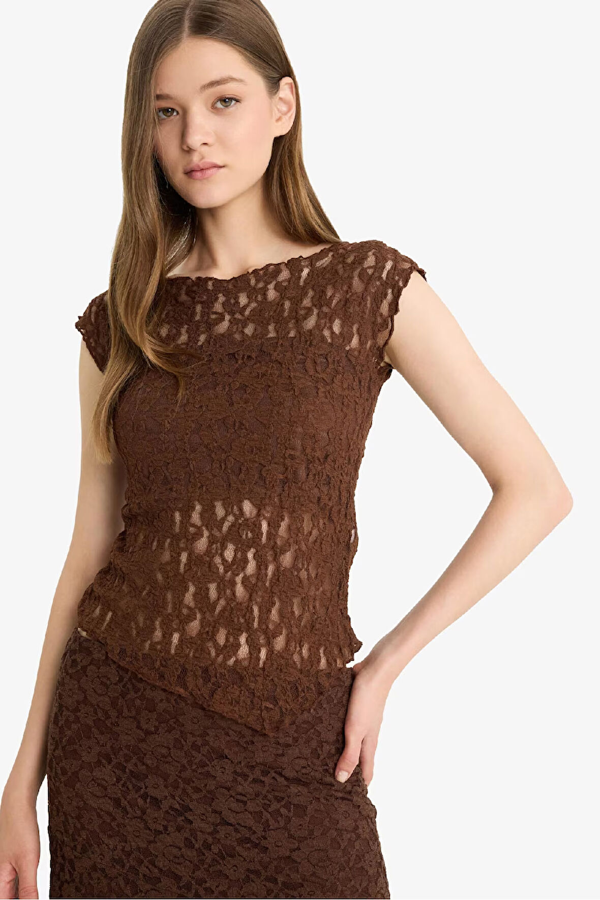 Coool Fitted Yuvarlak Yaka Dantel Kısa Kollu Bluz