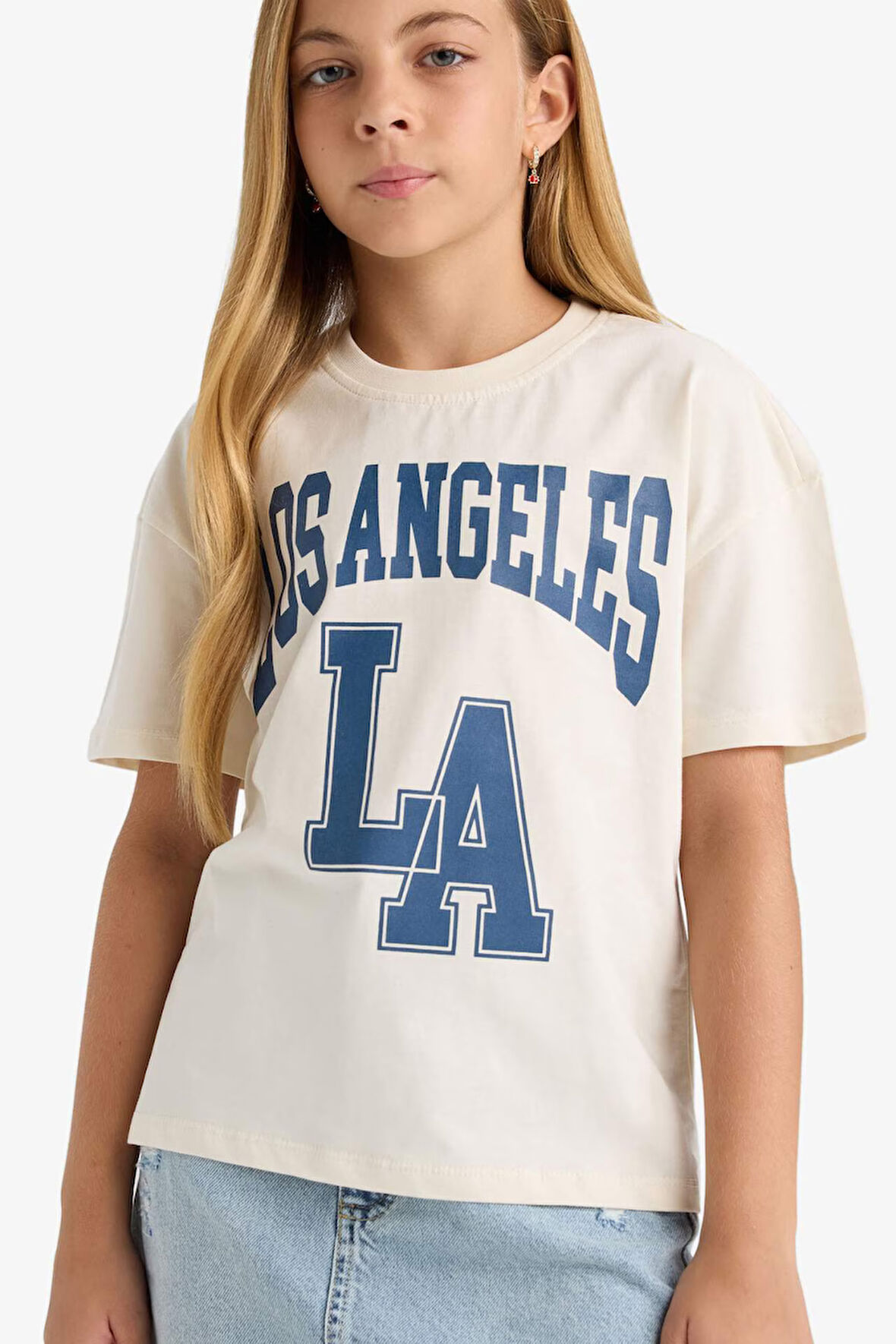 Kız Çocuk Relax Fit Bisiklet Yaka Üniversite Baskılı Kısa Kollu Tişört