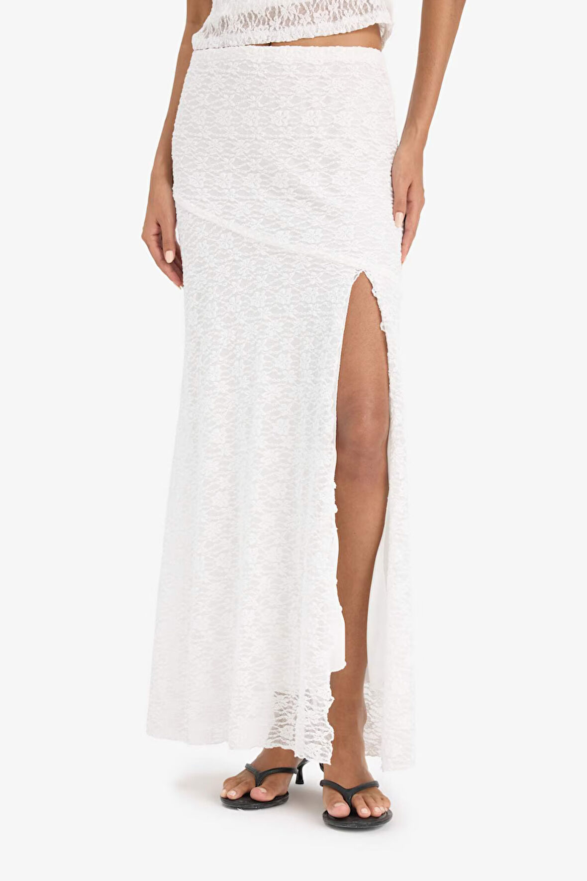 A Kesim Normal Bel Yırtmaçlı Dantel Midi Etek