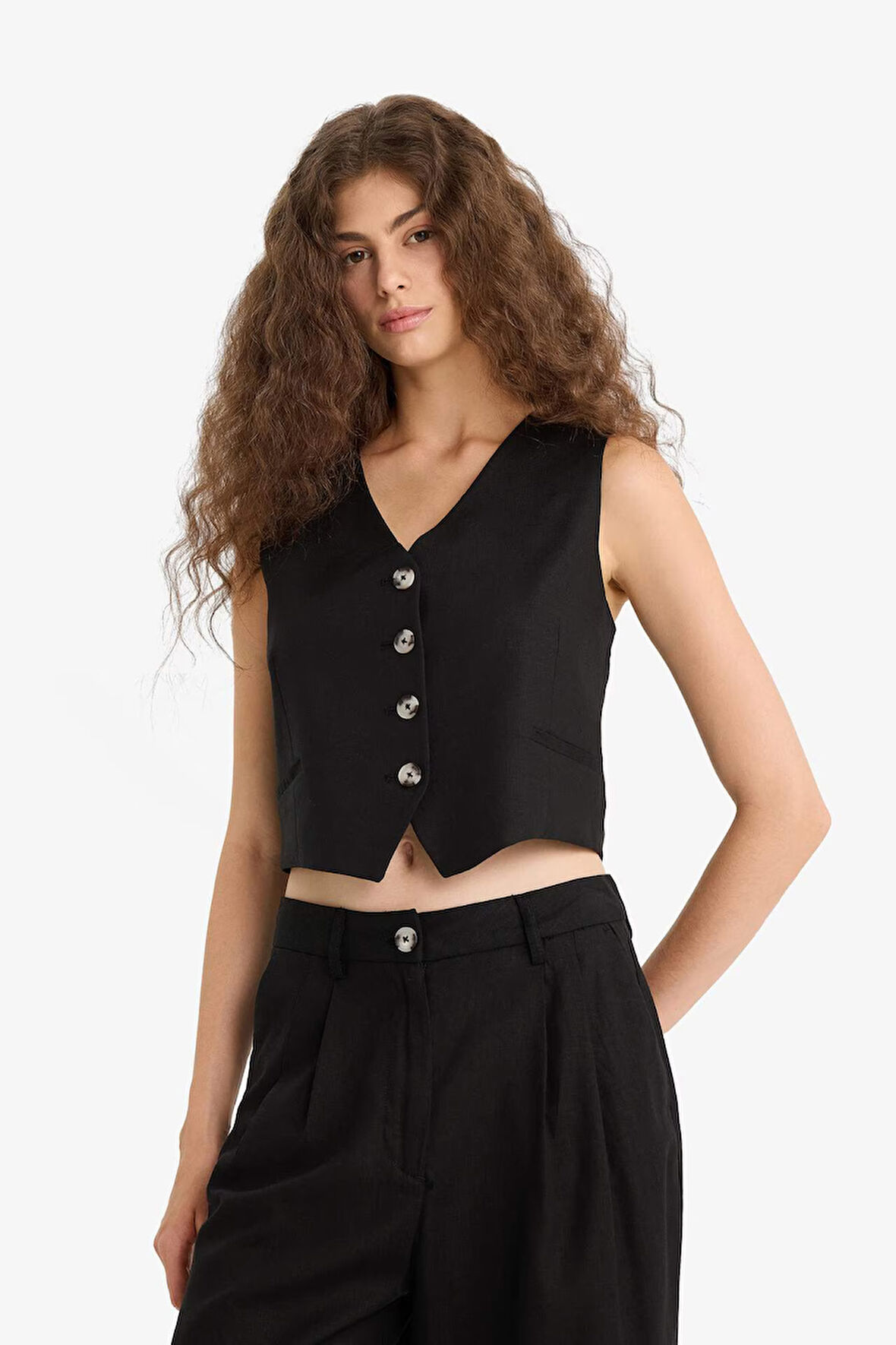 V Yaka Keten Karışımlı Blazer Yelek