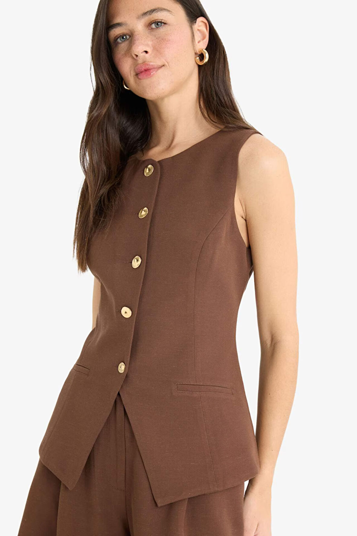 Fitted Bisiklet Yaka Keten Karışımlı Blazer Yelek