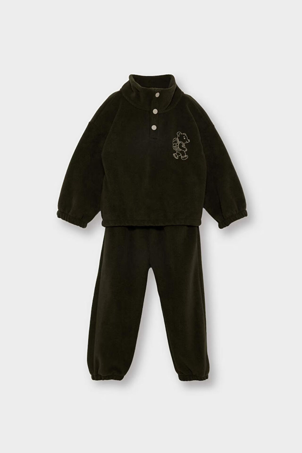 Erkek Bebek 2'li Takım Nakışlı Polar  Dik Yaka Düğmeli Sweatshirt Eşofman Altı