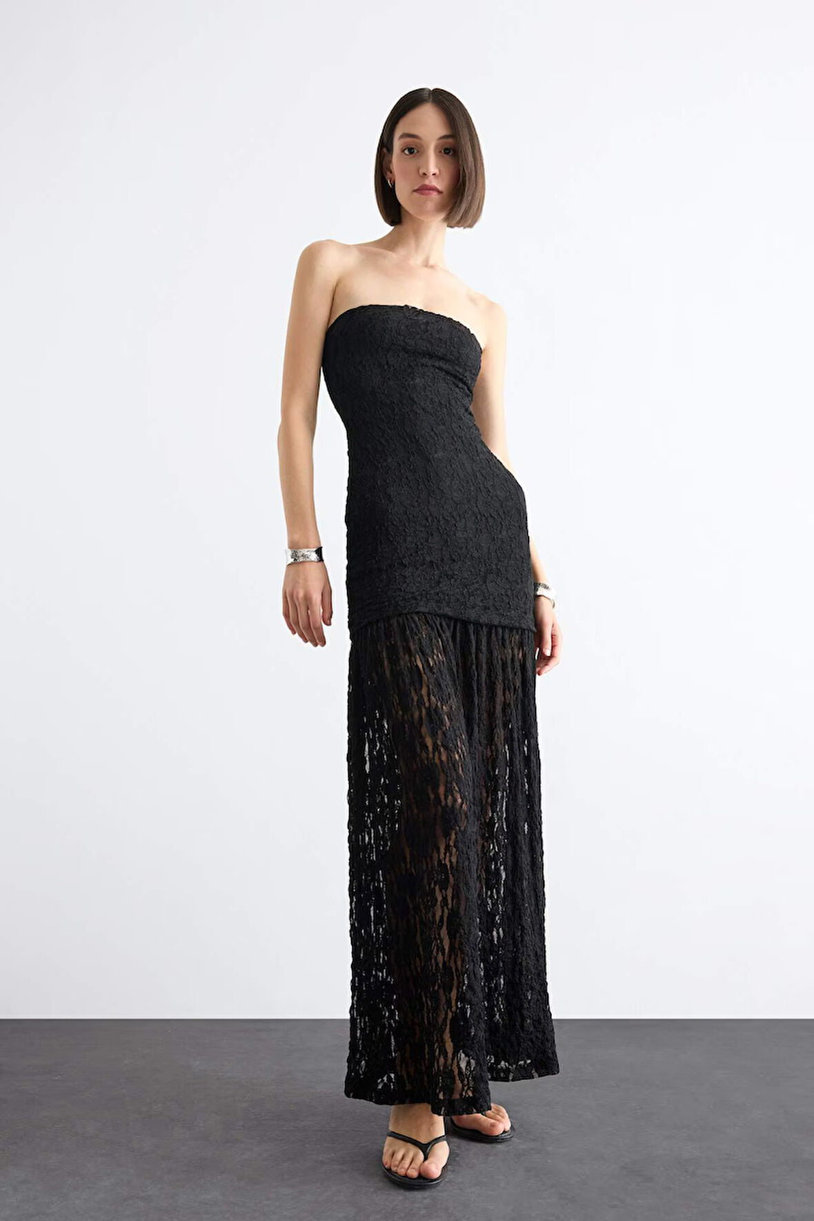 Slim Fit Dantel Maxi Siyah Etek