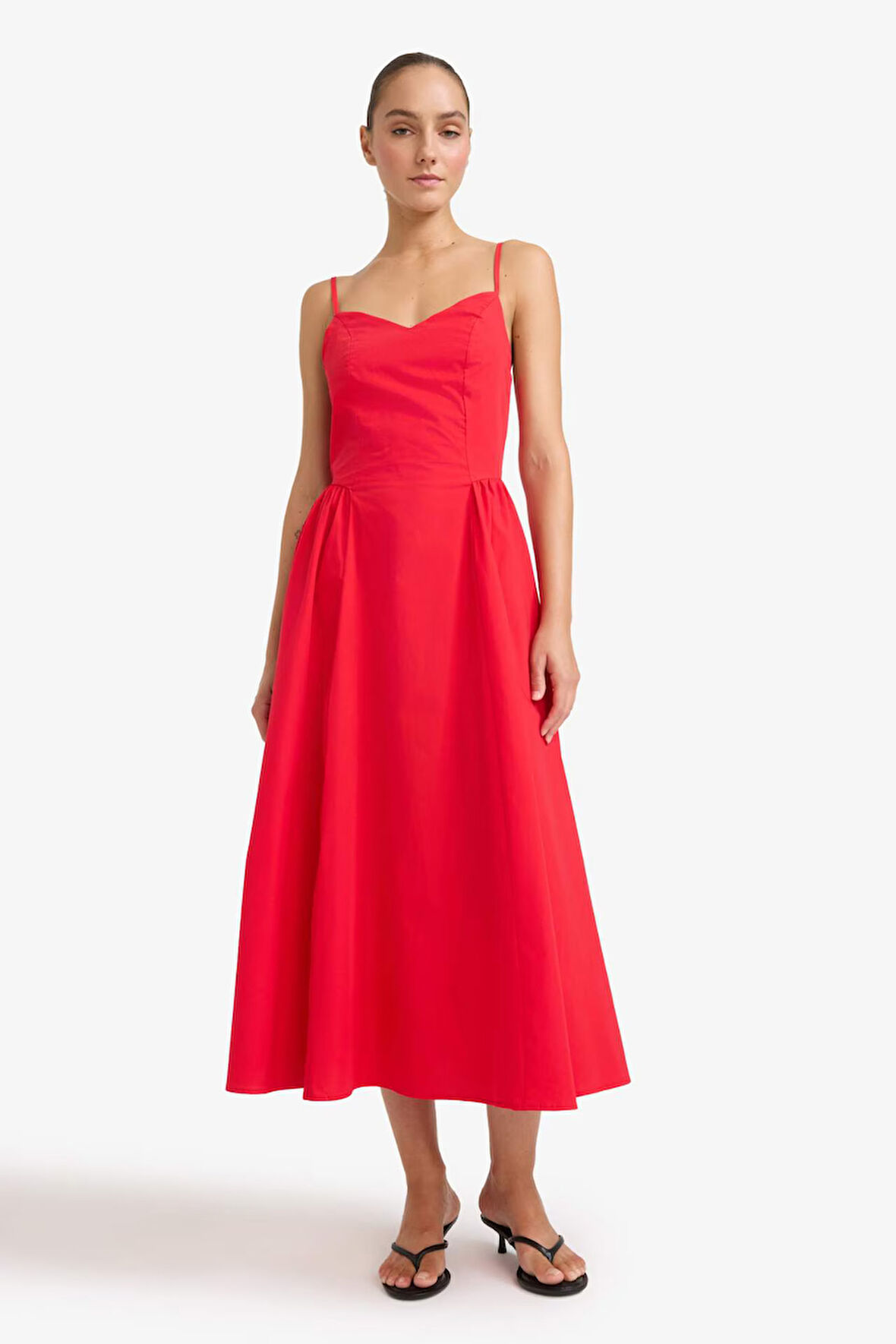 V Yaka Poplin Askılı Midi Elbise