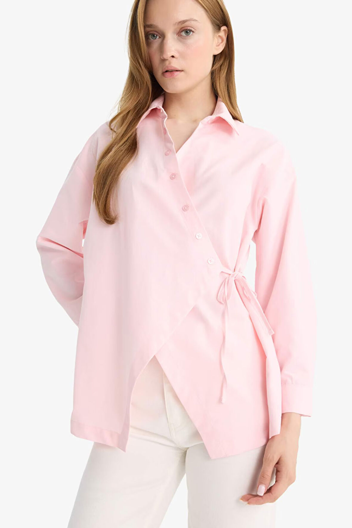 Regular Fit Gömlek Yaka Önden Bağlamalı Poplin Uzun Kollu Tunik