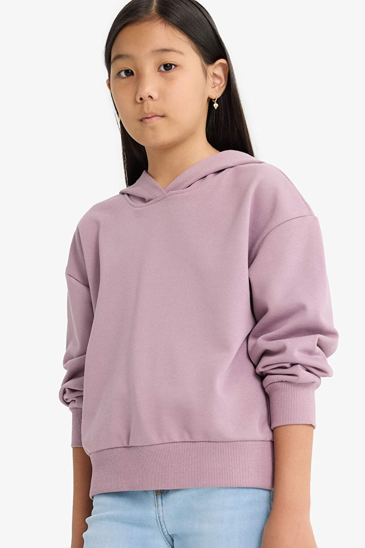 Kız Çocuk Relax Fit Kapüşonlu Basic Düz Sweatshirt